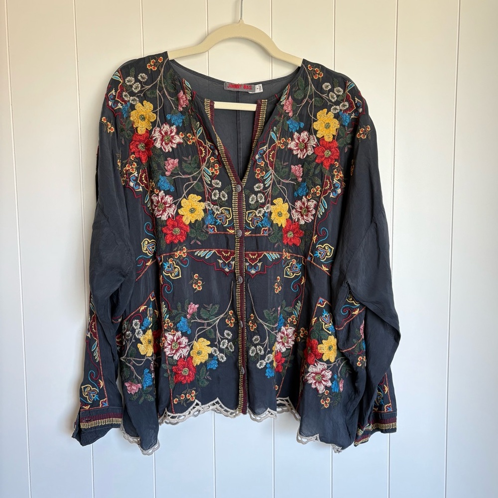 Johnny Was Floral Embroidered Women's Blouse Long Sleeve Top
